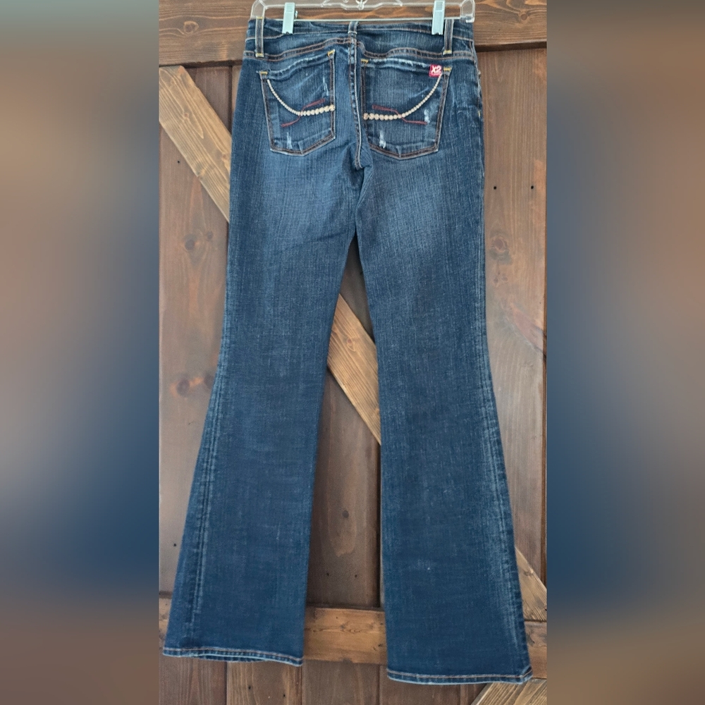 Y2k Express X2 Distressed Flare Blue Denim Jeans Embellished Back Pockets 2/26